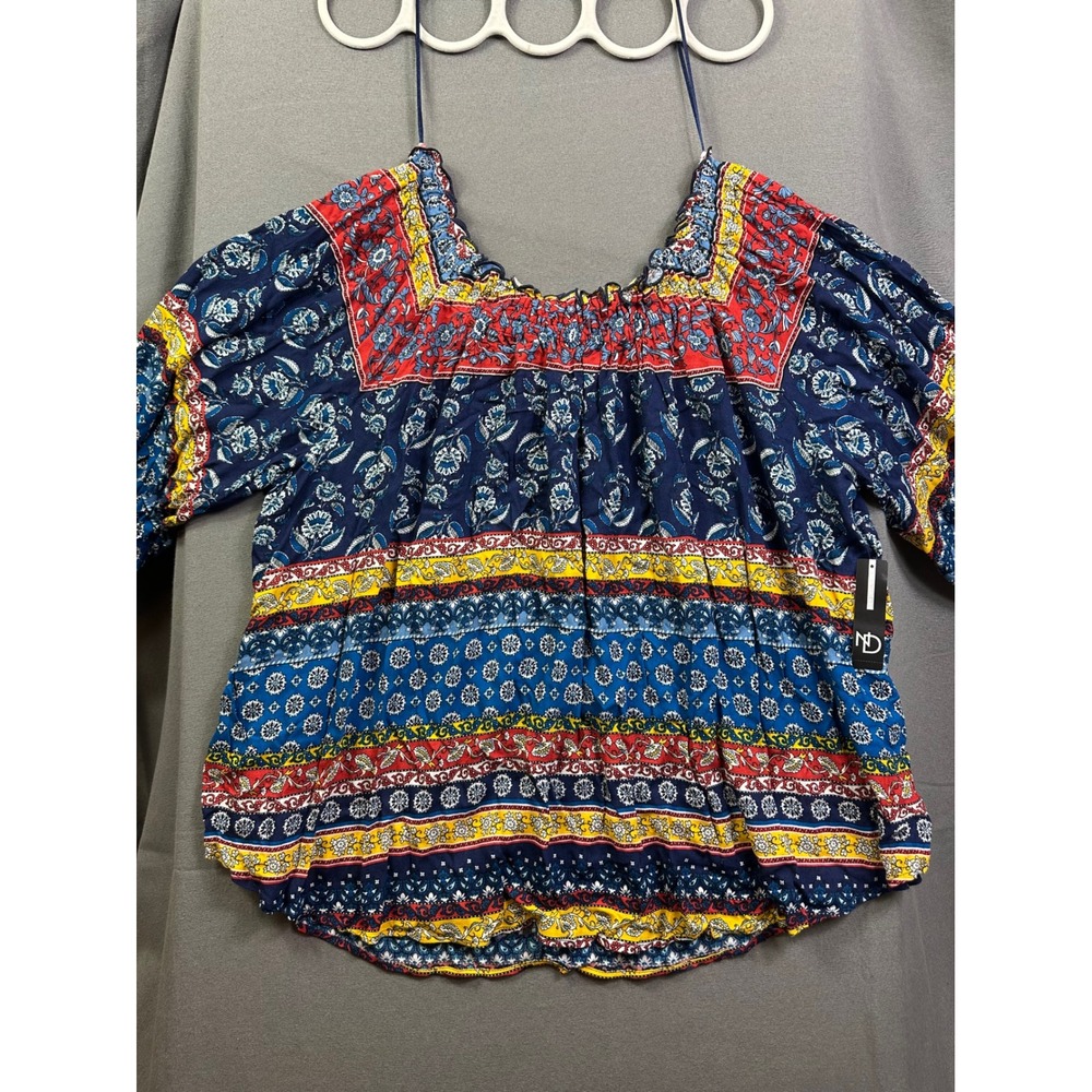 New Directions Women XL Paisley Pom Pom Off Shoulder Bell Sleeve Blouse Navy Red